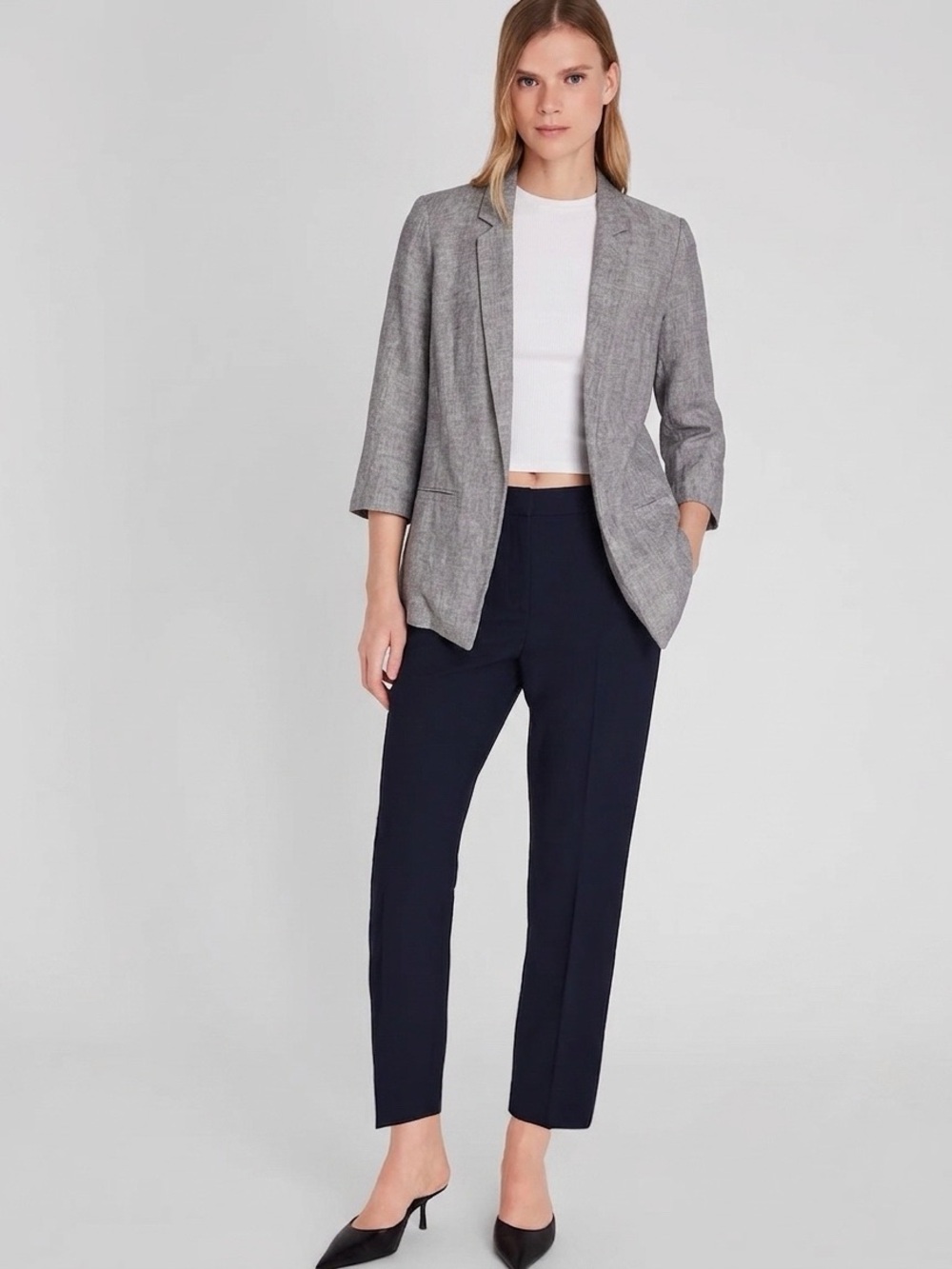VERO MODA Women's Linen Blend 3/4 Sleeve Boyfriend Blazer, Grey - Sz 4